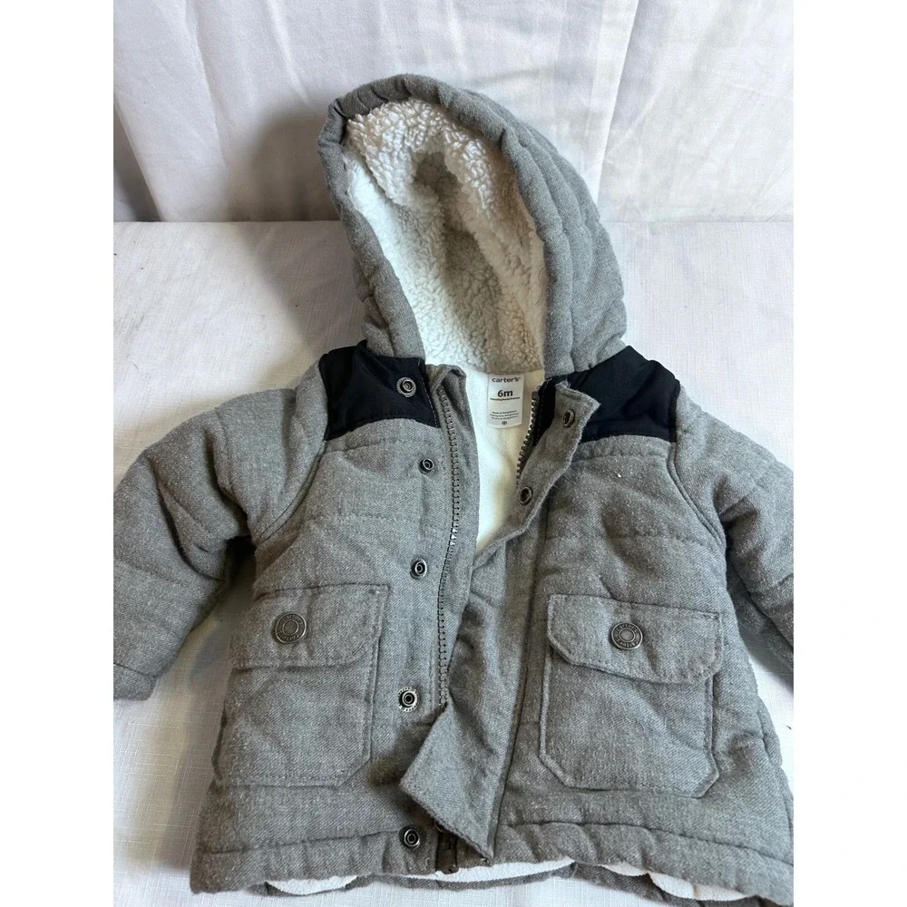 Carter's Hooded Puffer Jacket 6M Grey Sherpa Lined Quilted Outerwear Kids